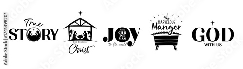Christmas nativity creative typography icons set with Holy Family. True Story, The Birth of Christ, JOY to the world, The Marvelous Manger, GOD with us - concepts for church banner design. Vector card