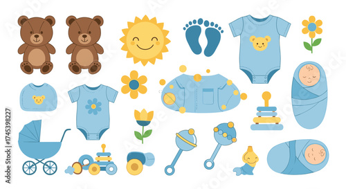 Cute collection of baby boy elements for design.
