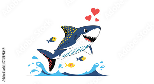 A happy shark and little fish swimming in the ocean.