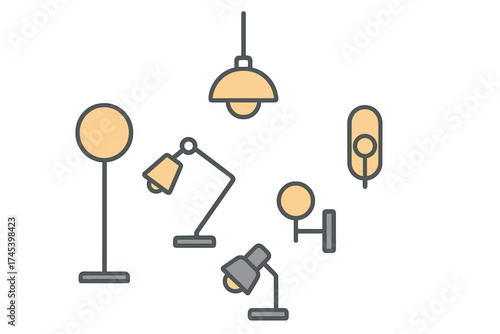 Modern interior lighting fixtures collection including desk, floor, and ceiling lamps