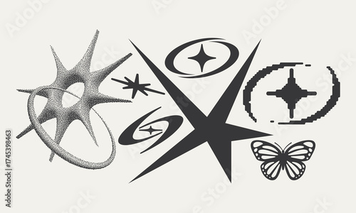 Abstract geometric elements showcasing stars and a butterfly against a light backdrop