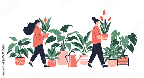 Two people carrying potted plants surrounded by lush greenery.