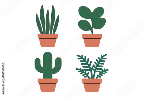 Four stylized indoor potted plants with green foliage and terracotta containers