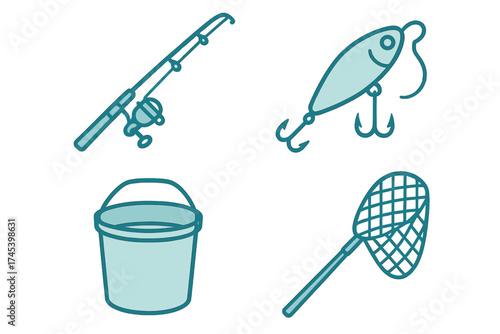 Fishing equipment icons featuring rod, reel, lure, bucket, and landing net