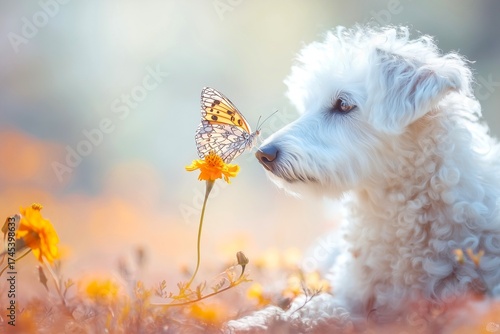 A butterfly is sitting on the nose of a white dog, representing the concept of peace and friendship, as well as the unity of nature.