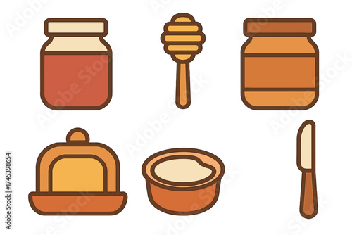 Jars of jam, honey, and peanut butter with butter dish and spreading knife