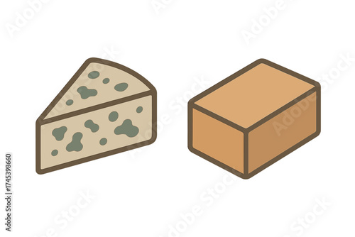 Stylized isometric view of a wedge of blue cheese next to a rectangular block of yellow cheese