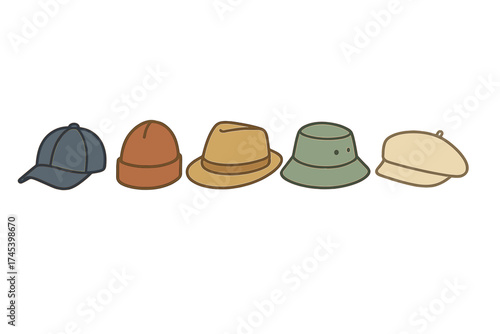 Collection of five popular headwear items including cap beanie fedora and bucket hat