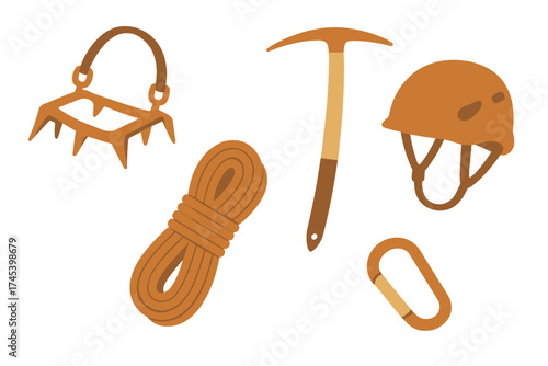 Essential mountaineering and climbing equipment set including ice axe, safety helmet, rope, and crampons