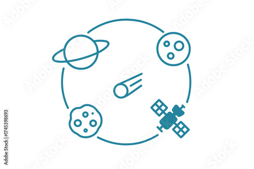 Minimalist solar system elements orbiting a central point for space exploration design