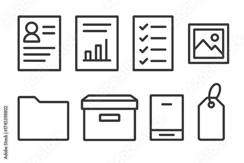 Essential business and office documents including resume, chart, checklist, folder, and storage box