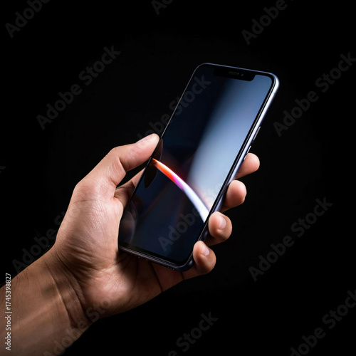 close-up of a hand holding a phone on a black background