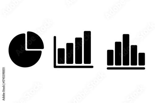 Minimalist set of business and financial data visualization symbols including pie chart and bar graphs