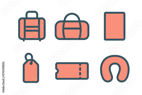 Essential travel and tourism icons including luggage, ticket, passport, and neck pillow symbols