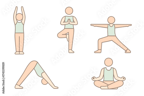 Basic yoga poses collection featuring Tree Warrior and Downward Dog postures