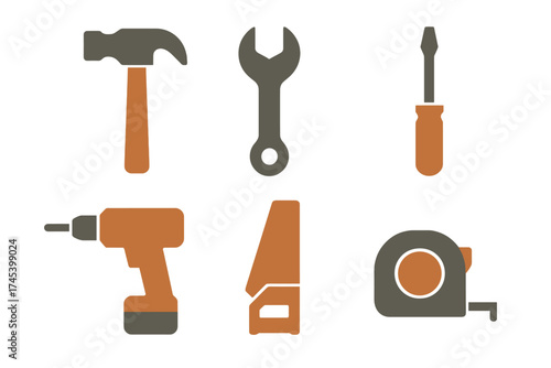 Set of essential construction and home repair tools including hammer wrench screwdriver and drill