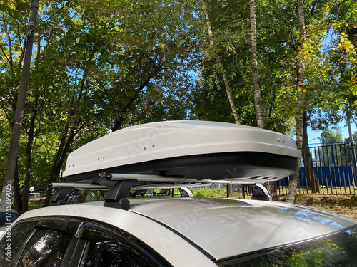 Car top box or Roof pod. Concept of road trips.