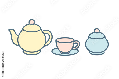 Minimalist tea service set with teapot, teacup, and sugar bowl in soft pastel colors