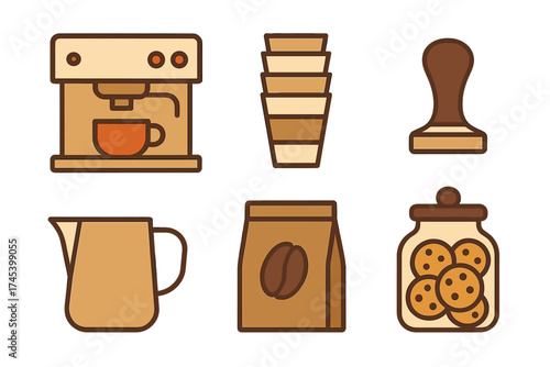Collection of flat design icons for coffee shop equipment and snacks