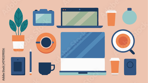 A flat lay arrangement of a bloggers workspace featuring a laptop a camera a notepad and aesthetically pleasing stationery with lifestyle elements.