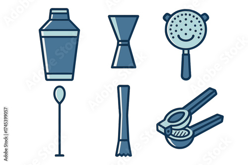 Professional bartender tools and cocktail preparation equipment set in blue colors