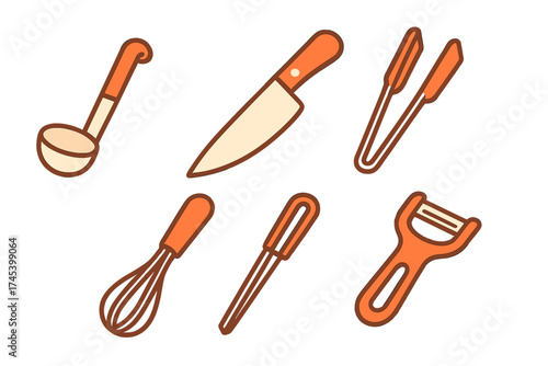 Essential cooking tools set including ladle, chef knife, tongs, whisk, peeler, and spatula for kitchen preparation
