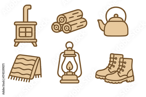 Outdoor survival and cozy camping essentials set including stove, firewood, lantern, and boots