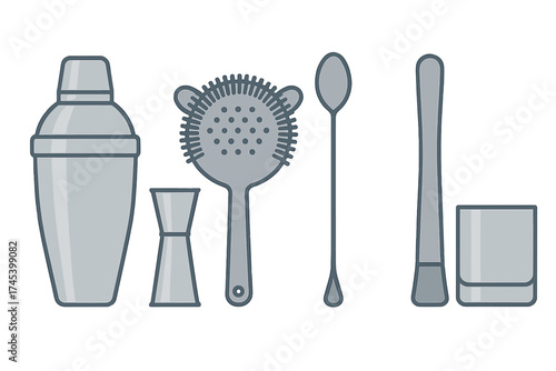 Essential bartending tools set including cocktail shaker jigger strainer and muddler