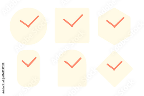 Set of six confirmation icons with checkmark symbols inside various geometric shapes