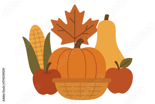Autumn harvest composition featuring pumpkin, corn, apples, and squash in a wicker basket