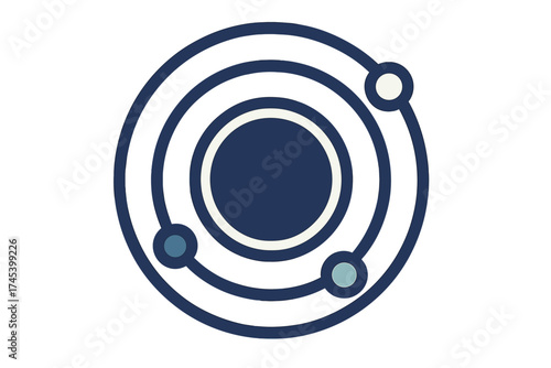 Minimalist central hub with orbiting elements and technological connections