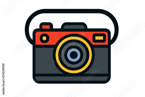 Colorful retro compact camera icon with thick black outline and strap
