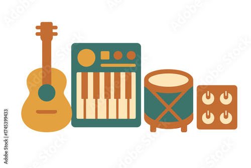 Essential music production elements including acoustic guitar, keyboard, drum, and sound controls