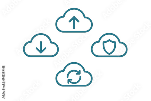Cloud computing line icons for data transfer, storage, security, and sync