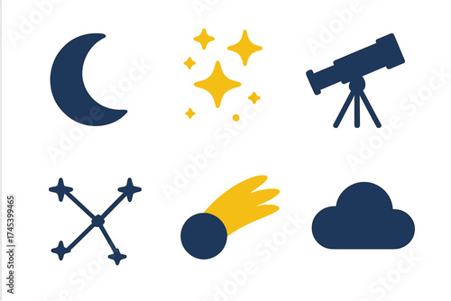 Flat symbols of space, astronomy, and the night sky including moon and telescope