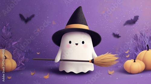 cute cartoon ghost with witch hat and broom on purple halloween background