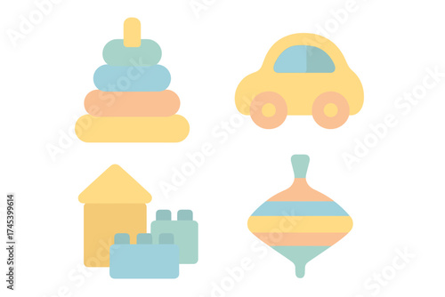 Pastel colored set of classic baby toys: stacking rings, wooden car, building blocks, and spinning top