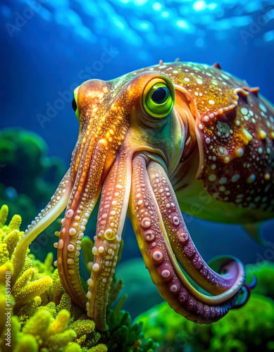 Large Patterned Octopus with Prominent Beak in Front of Coral Reef and Green Algae; Partially Extended Tentacles with Suction Cups in Tranquil Marine Environment