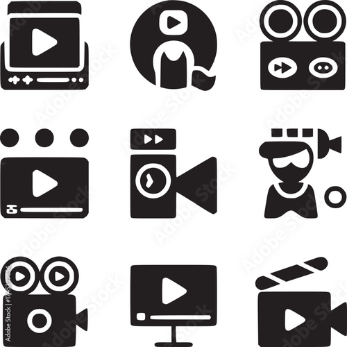 Collection of nine black and white video and film related icons on a white background vector image