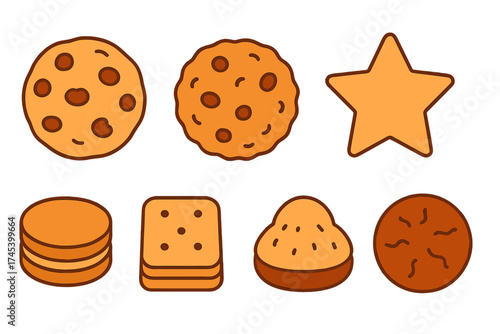 Assortment of sweet baked goods including chocolate chip cookies and star shaped biscuits