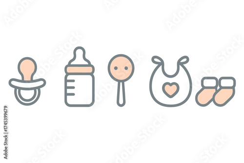 Set of essential newborn baby accessories including pacifier, bottle, rattle, and bib