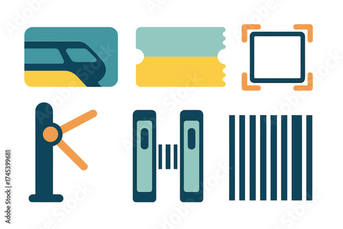 Flat design icons for public transit, ticketing, access control, and scanning systems