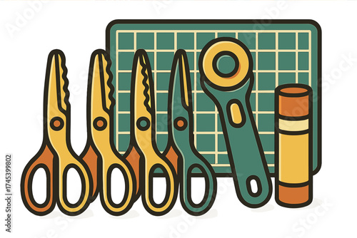 Essential sewing and quilting tools including scissors and rotary cutter on a cutting mat