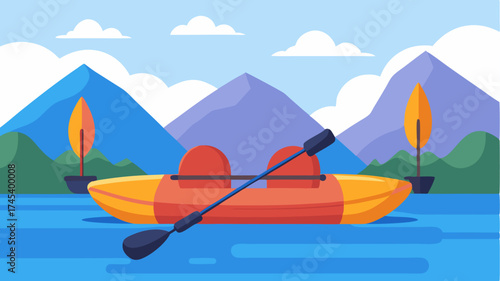A depiction of a sy inflatable kayak on a calm lake with paddles secured on the side and life jackets resting on top.