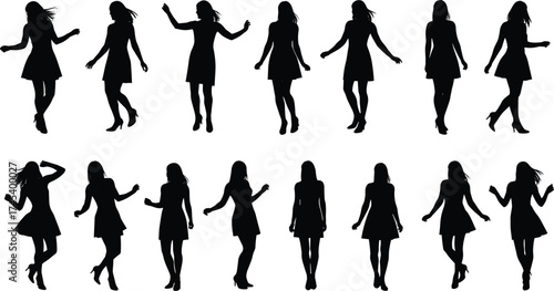 Silhouette of woman dancing in various poses, joyful female movement, fashion illustration, modern lifestyle concept, freedom, energy, beauty, creativity design
