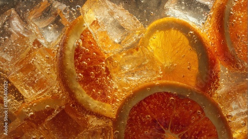 Refreshing Citrus Beverage with Ice Cubes and Bubbles in Glass