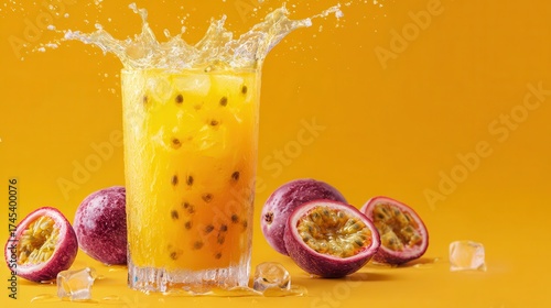 Refreshing Passion Fruit Drink with Splash on Vibrant Yellow Background