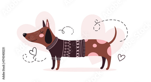 A cute dog wearing a cozy sweater and surrounded by hearts.