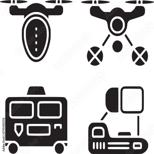 Four black glyph icons depicting drones ambulance and camera on a white isolated background view