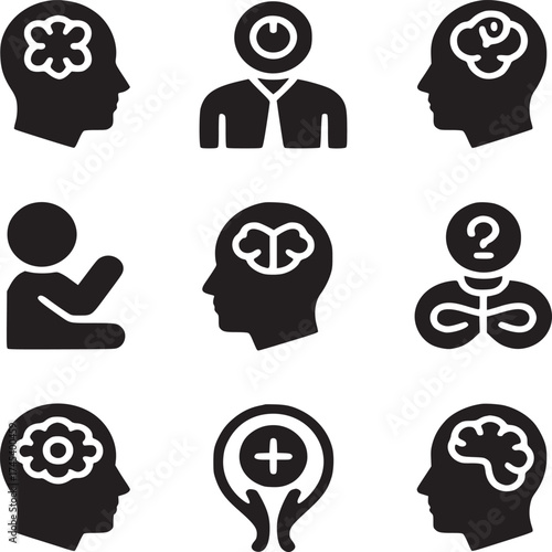Collection of black silhouette icons representing mental health and cognitive processes on white background